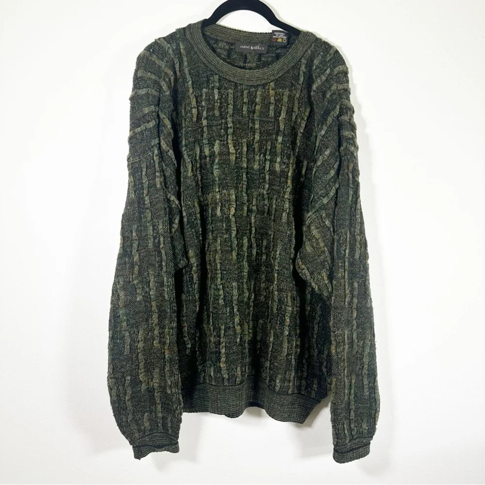 Jhane Barnes Green Sweater Rugged Line Pattern Men's Long Sleeve 3d knit VTG